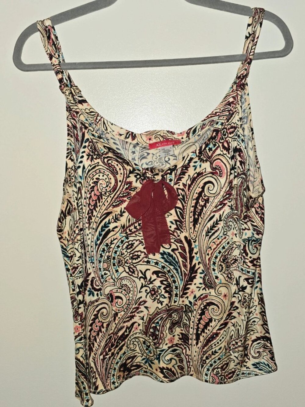 Vintage 90s Anne Klein paisley print jacquard knit cami top burgundy bow